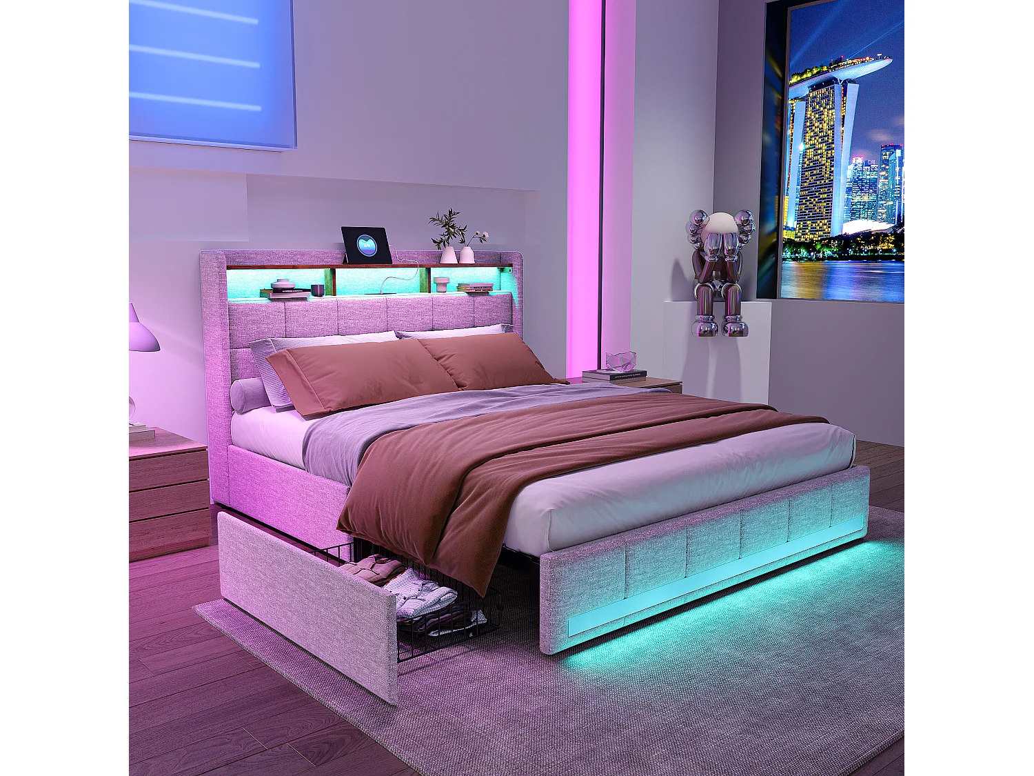 Cama doble de 140 x 190 cm en lino beige, 4 cajones, LED, estantes, puertos USB/Tipo C, somier de láminas de madera