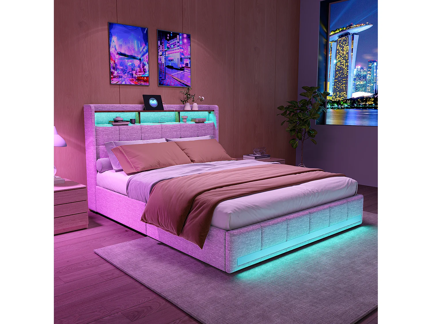 Cama doble de 140 x 190 cm en lino beige, 4 cajones, LED, estantes, puertos USB/Tipo C, somier de láminas de madera