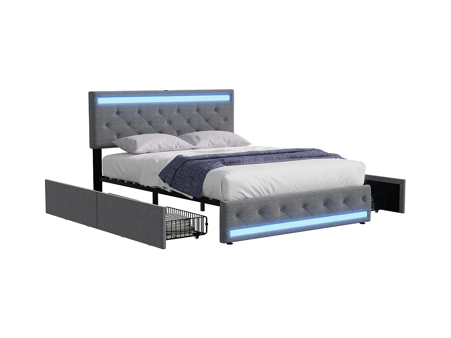 Lit Adulte 140x200 Cm, LED, Ports USB Et Type C, 4 Tiroir, Tissu En Lin, Cadre De Lit, Gris
