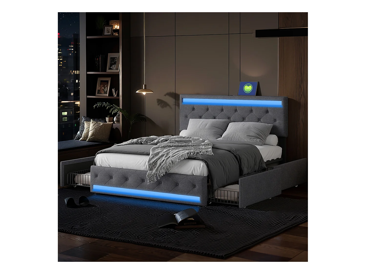Lit Adulte 140x200 Cm, LED, Ports USB Et Type C, 4 Tiroir, Tissu En Lin, Cadre De Lit, Gris