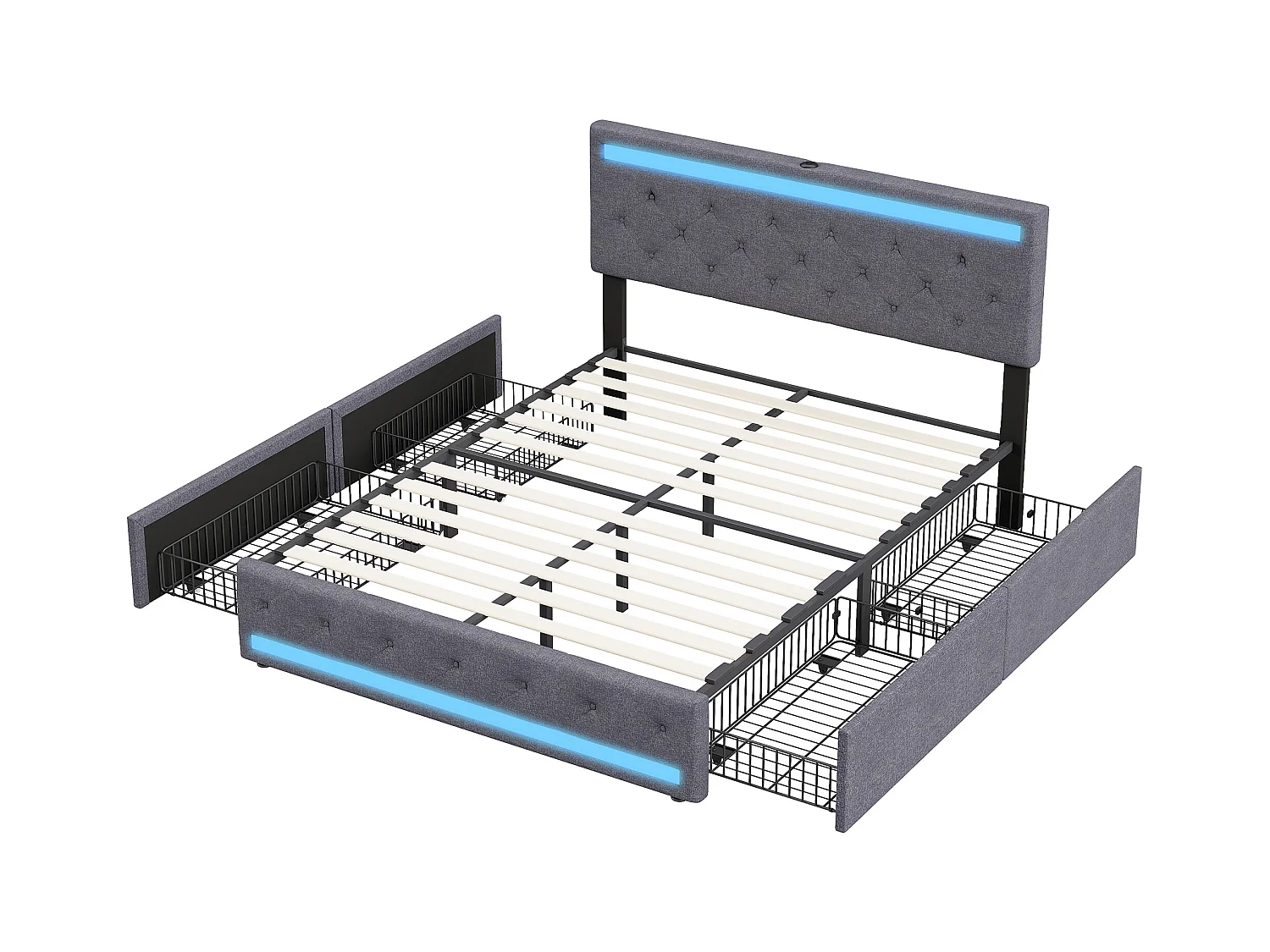 Lit Adulte 140x200 Cm, LED, Ports USB Et Type C, 4 Tiroir, Tissu En Lin, Cadre De Lit, Gris