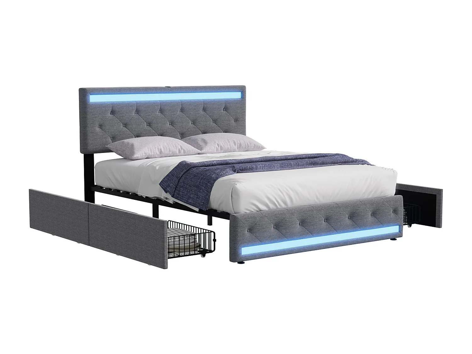 Lit Adulte 140x200 Cm, LED, Ports USB Et Type C, 4 Tiroir, Tissu En Lin, Cadre De Lit, Gris