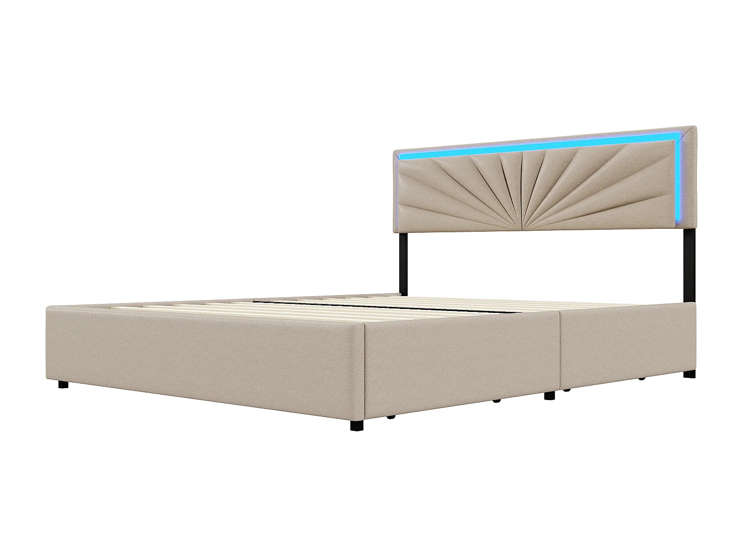 Tweepersoonsbed 140 x 200 cm, gestoffeerd met 4 lades en led-verlichting, lattenbodem, beige linnen