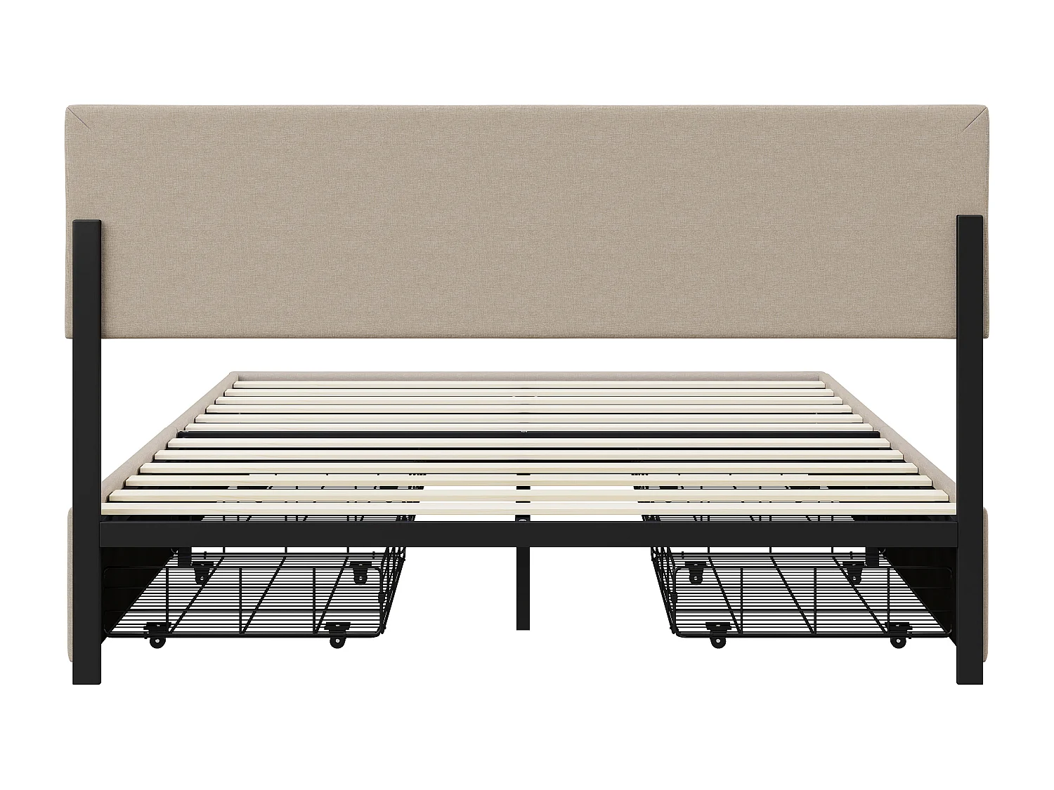 Tweepersoonsbed 140 x 200 cm, gestoffeerd met 4 lades en led-verlichting, lattenbodem, beige linnen