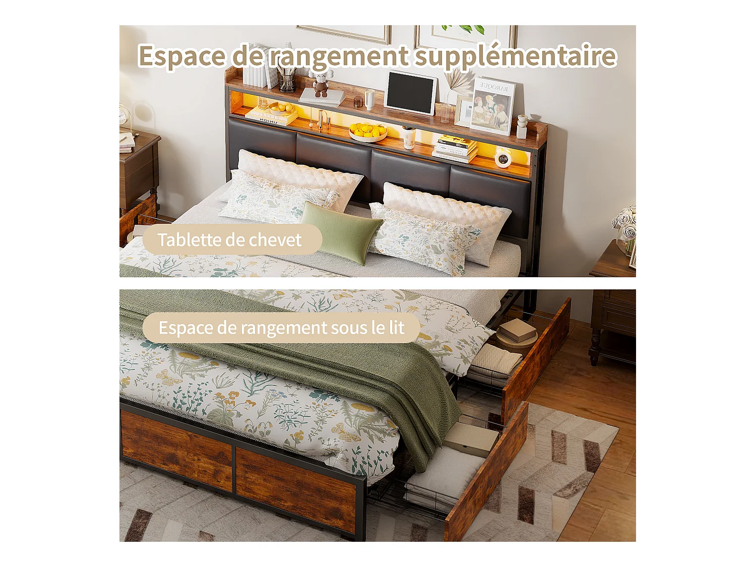 Doppelbett 180x200 cm mit LED, 4 Schubladen, Kopfteil mit Stauraum, schwarzer PU-Bezug