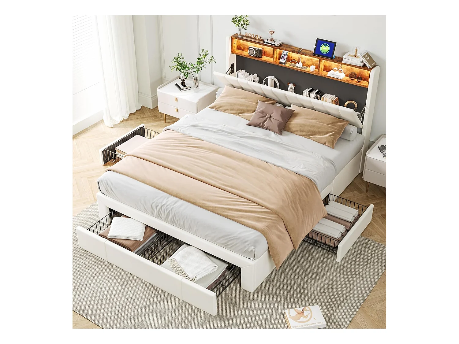 Lit 160x200 Cm, Sommier LED Et USB, 4 Tiroirs, Tête De Lit Avec Rangement, Velours Beige