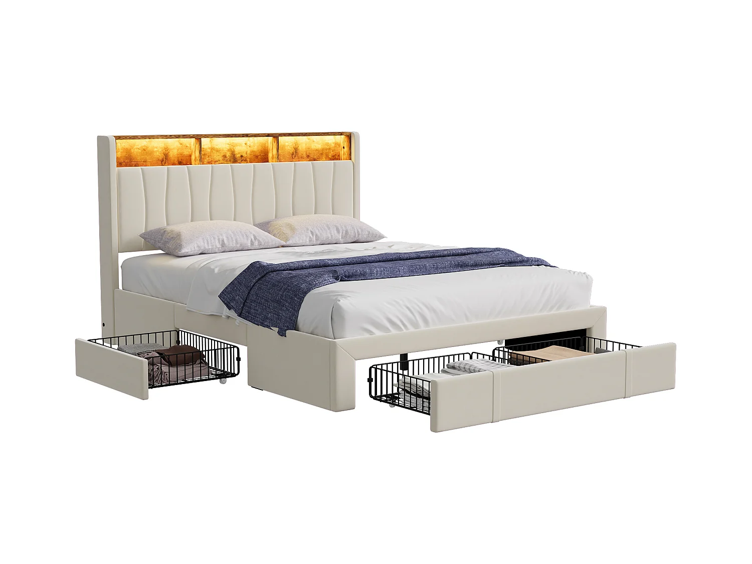 Lit 160x200 Cm, Sommier LED Et USB, 4 Tiroirs, Tête De Lit Avec Rangement, Velours Beige