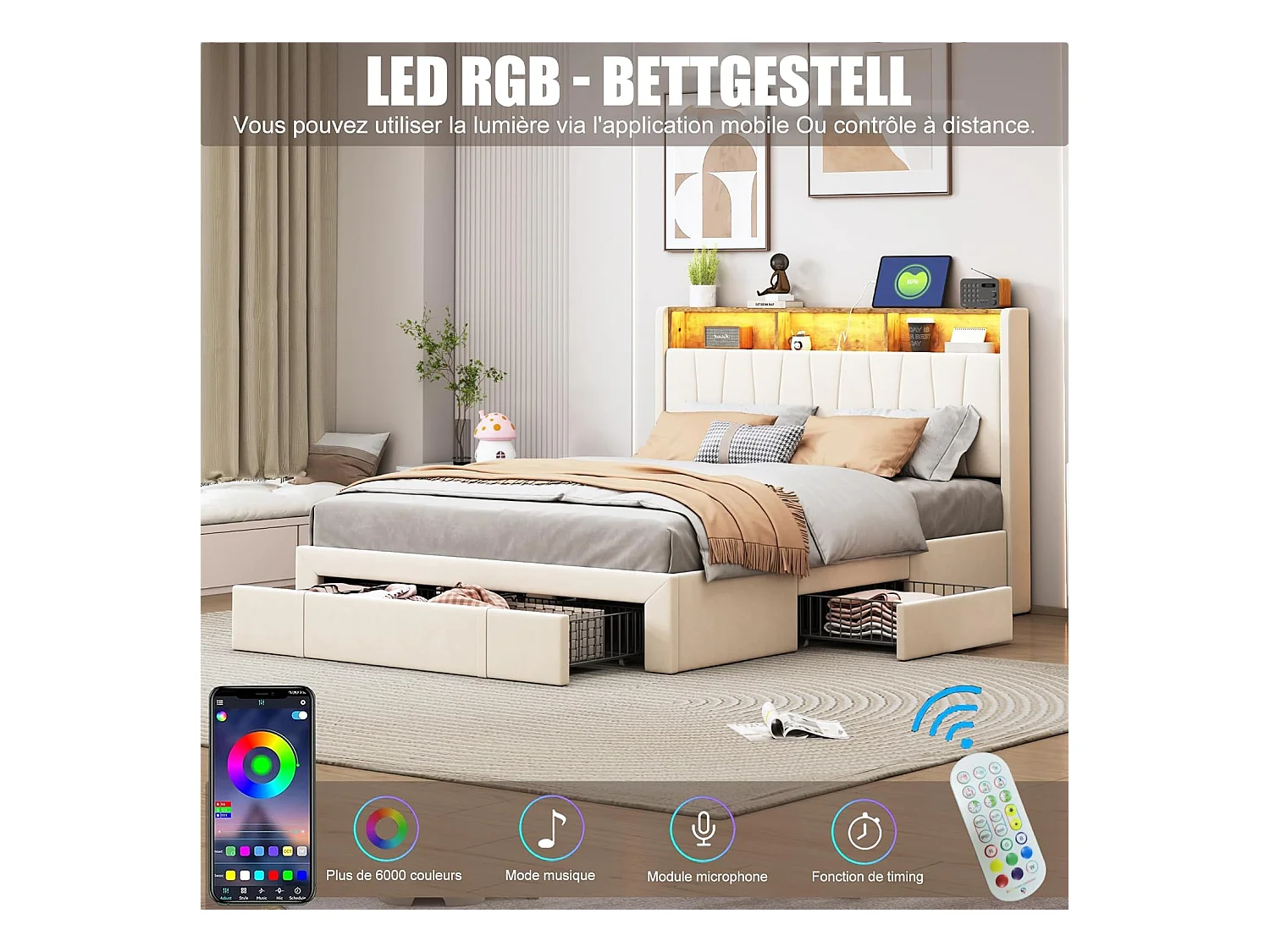 Lit 160x200 Cm, Sommier LED Et USB, 4 Tiroirs, Tête De Lit Avec Rangement, Velours Beige