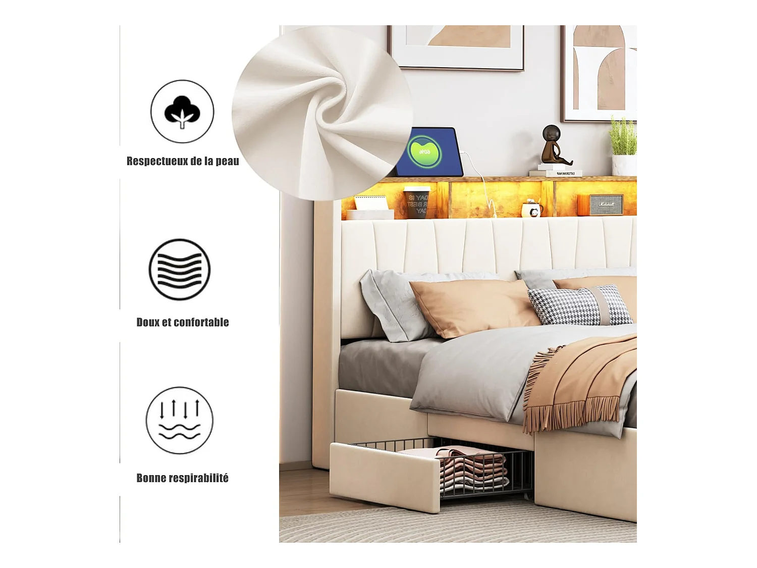 Lit 160x200 Cm, Sommier LED Et USB, 4 Tiroirs, Tête De Lit Avec Rangement, Velours Beige