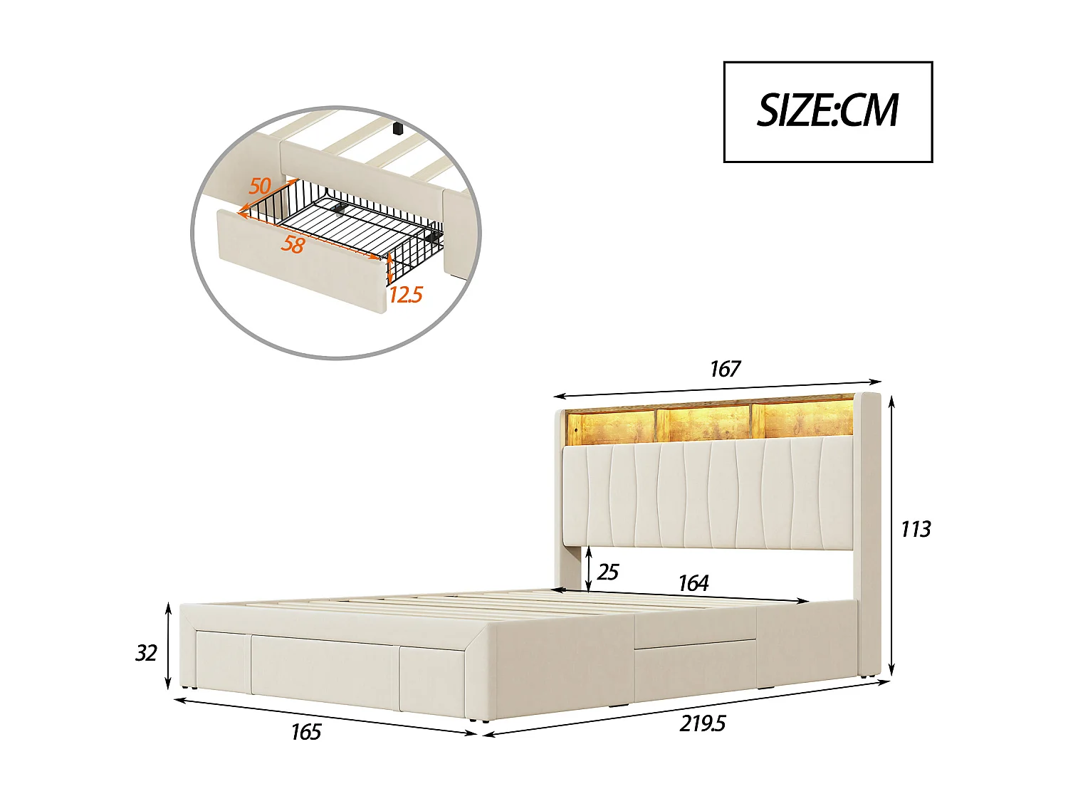 Bed 160x200 cm, LED- en USB-basis, 4 lades, hoofdbord met opbergruimte, beige fluweel
