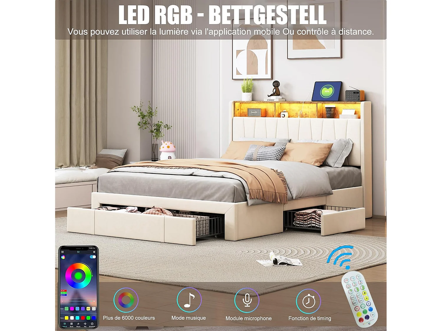 Bed 160x200 cm, LED- en USB-basis, 4 lades, hoofdbord met opbergruimte, beige fluweel