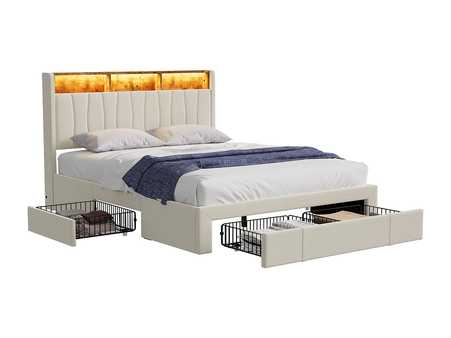 Bed 160x200 cm, LED- en USB-basis, 4 lades, hoofdbord met opbergruimte, beige fluweel