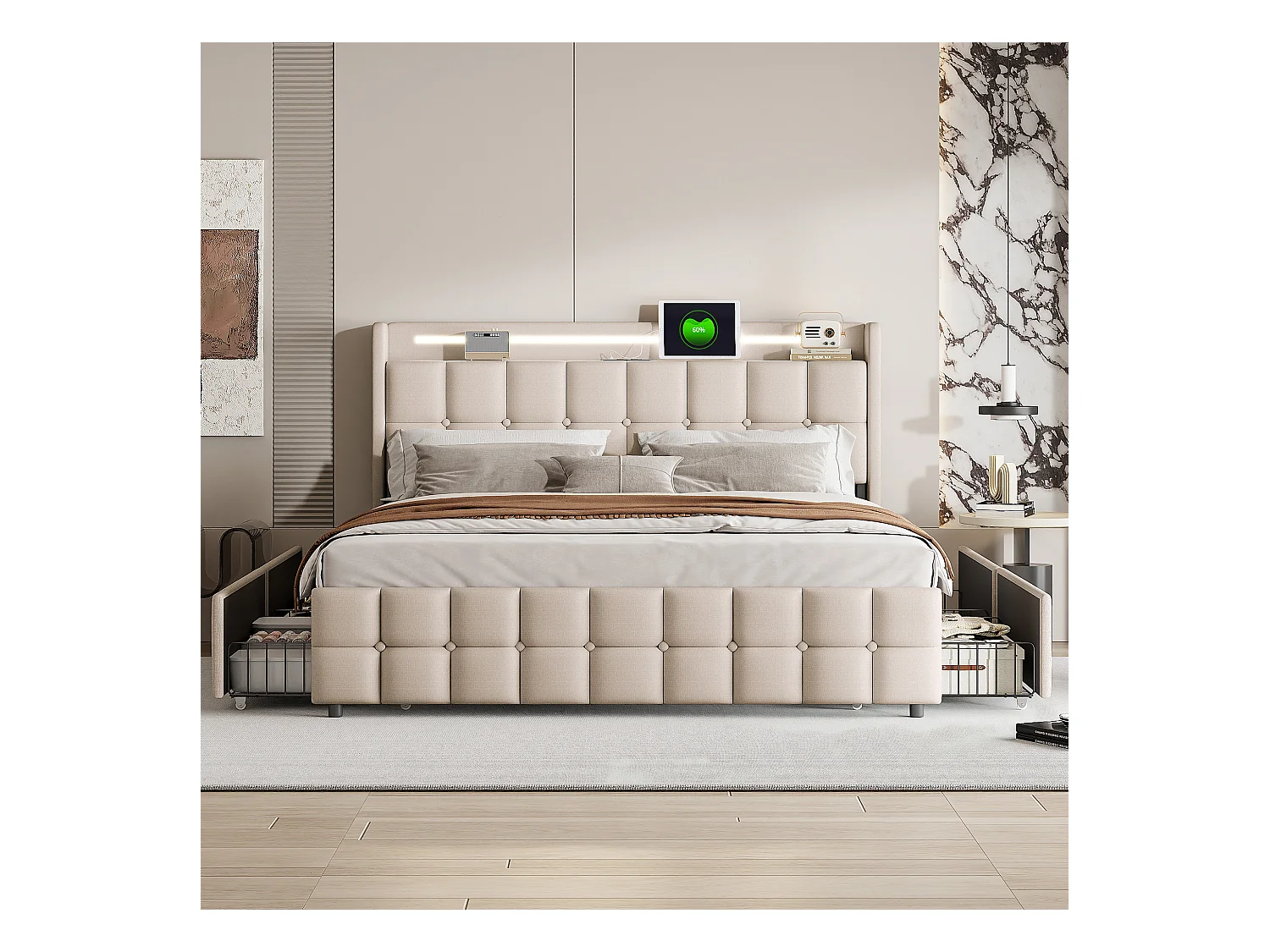 Lit Double 160x200 Cm Avec LED, 4 Tiroirs, Port USB, Tête Rembourrée, Tissu Beige, Style Moderne.