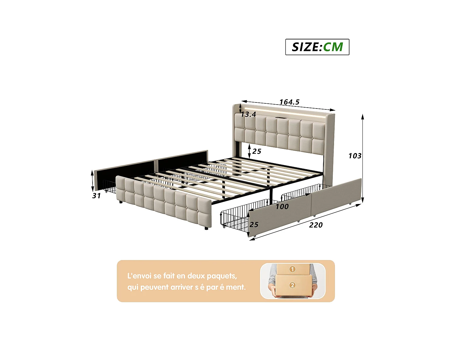 Lit Double 160x200 Cm Avec LED, 4 Tiroirs, Port USB, Tête Rembourrée, Tissu Beige, Style Moderne.
