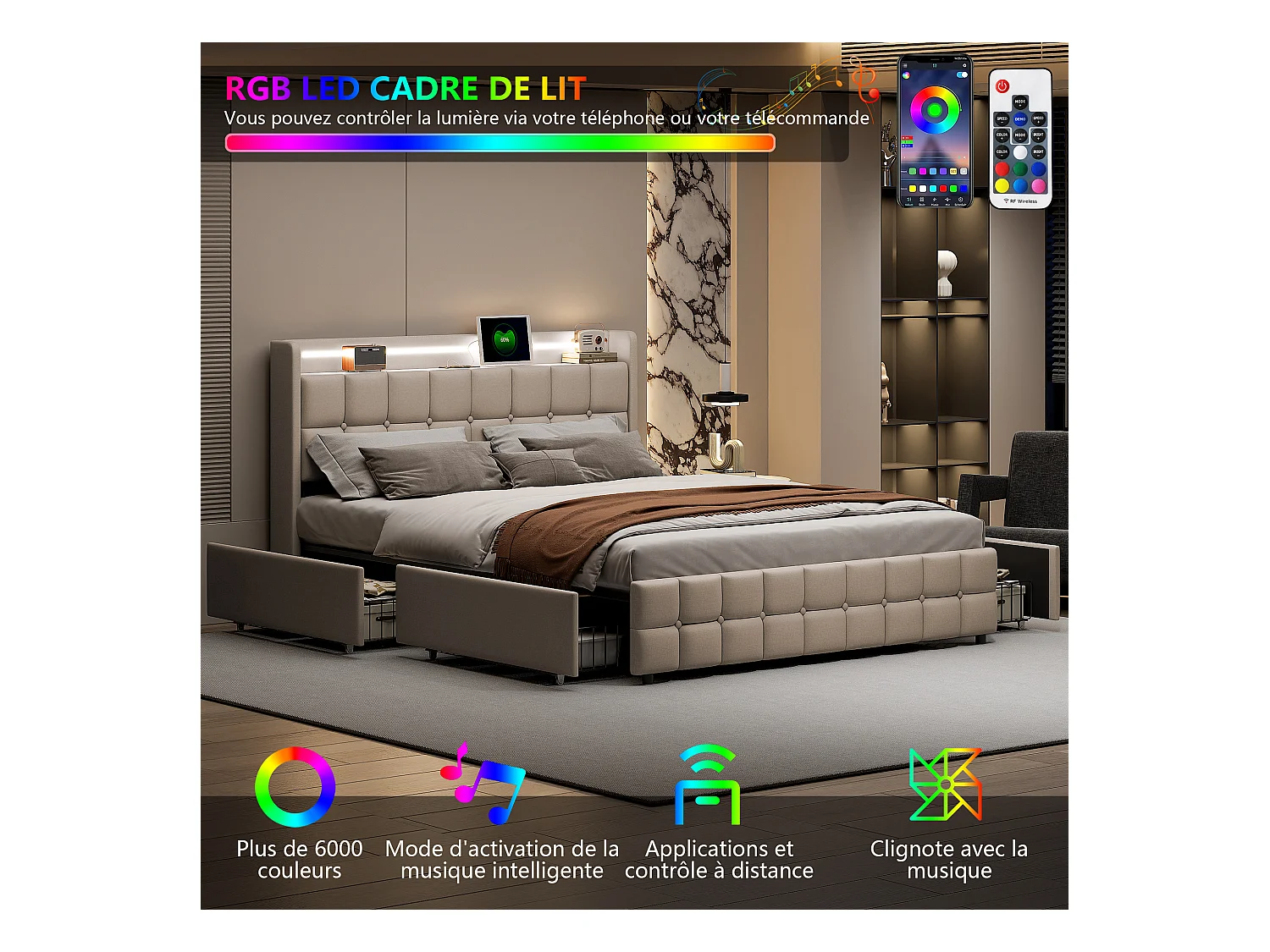 Lit Double 160x200 Cm Avec LED, 4 Tiroirs, Port USB, Tête Rembourrée, Tissu Beige, Style Moderne.