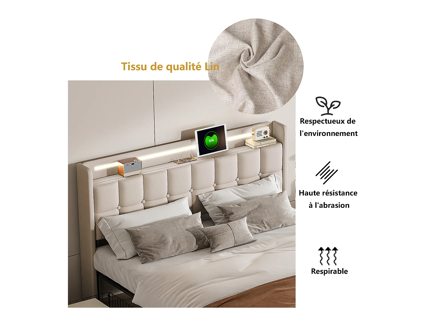 Lit Double 160x200 Cm Avec LED, 4 Tiroirs, Port USB, Tête Rembourrée, Tissu Beige, Style Moderne.