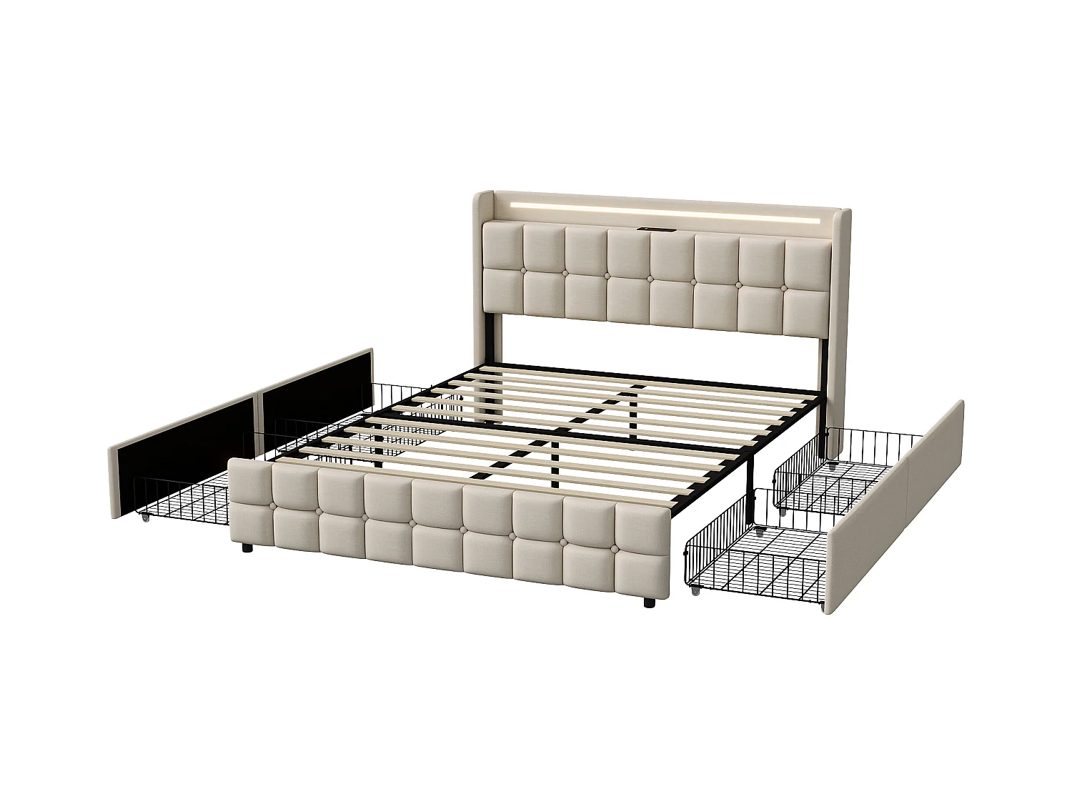 Lit Double 160x200 Cm Avec LED, 4 Tiroirs, Port USB, Tête Rembourrée, Tissu Beige, Style Moderne.