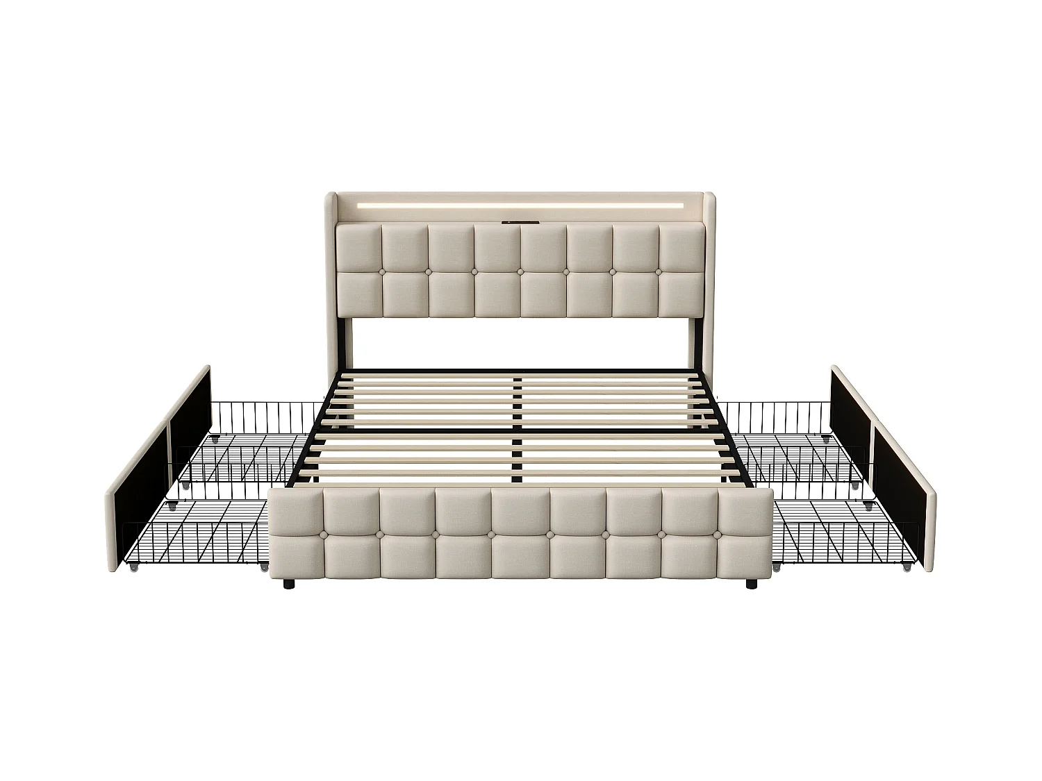 Lit Double 160x200 Cm Avec LED, 4 Tiroirs, Port USB, Tête Rembourrée, Tissu Beige, Style Moderne.