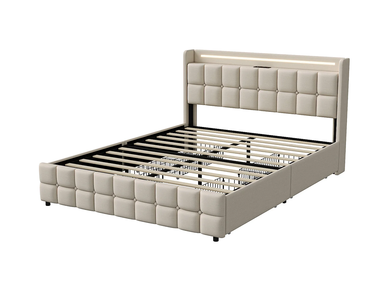 Lit Double 160x200 Cm Avec LED, 4 Tiroirs, Port USB, Tête Rembourrée, Tissu Beige, Style Moderne.