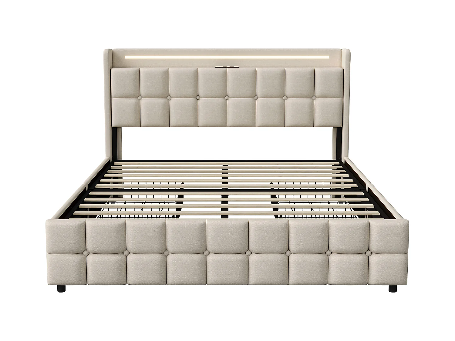 Lit Double 160x200 Cm Avec LED, 4 Tiroirs, Port USB, Tête Rembourrée, Tissu Beige, Style Moderne.
