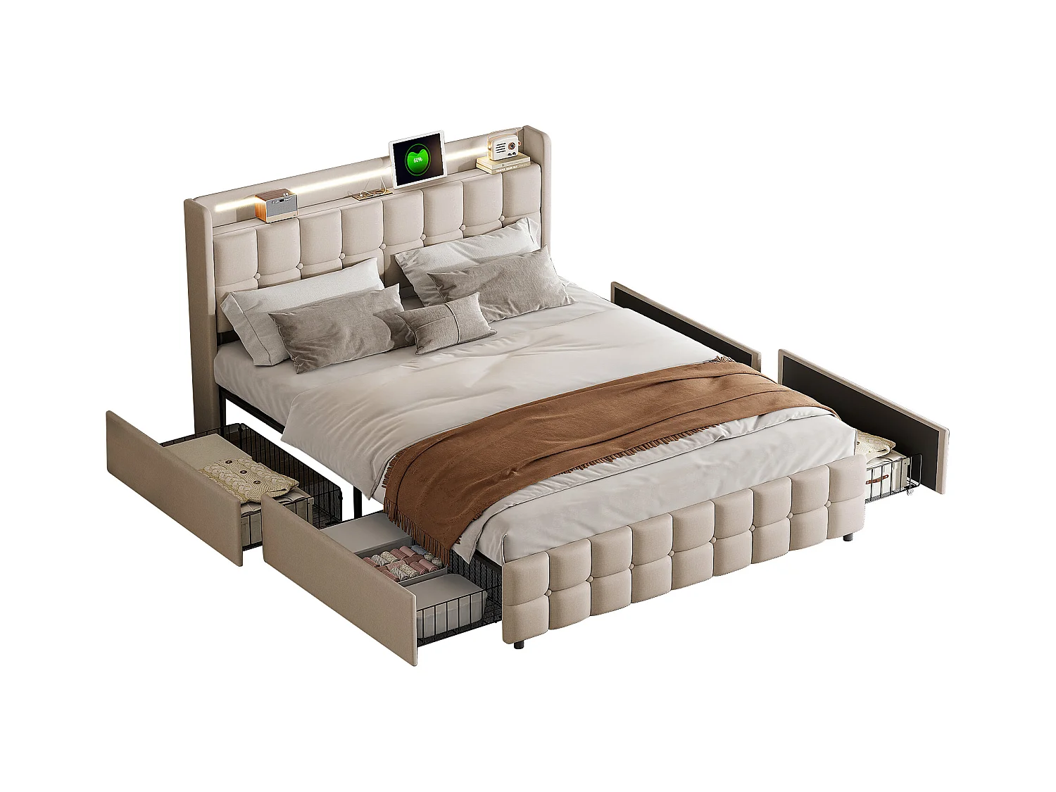 Lit Double 160x200 Cm Avec LED, 4 Tiroirs, Port USB, Tête Rembourrée, Tissu Beige, Style Moderne.