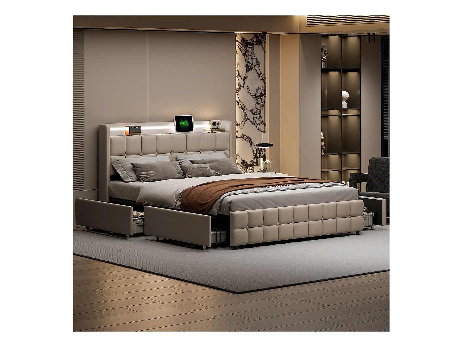 Lit Double 160x200 Cm Avec LED, 4 Tiroirs, Port USB, Tête Rembourrée, Tissu Beige, Style Moderne.