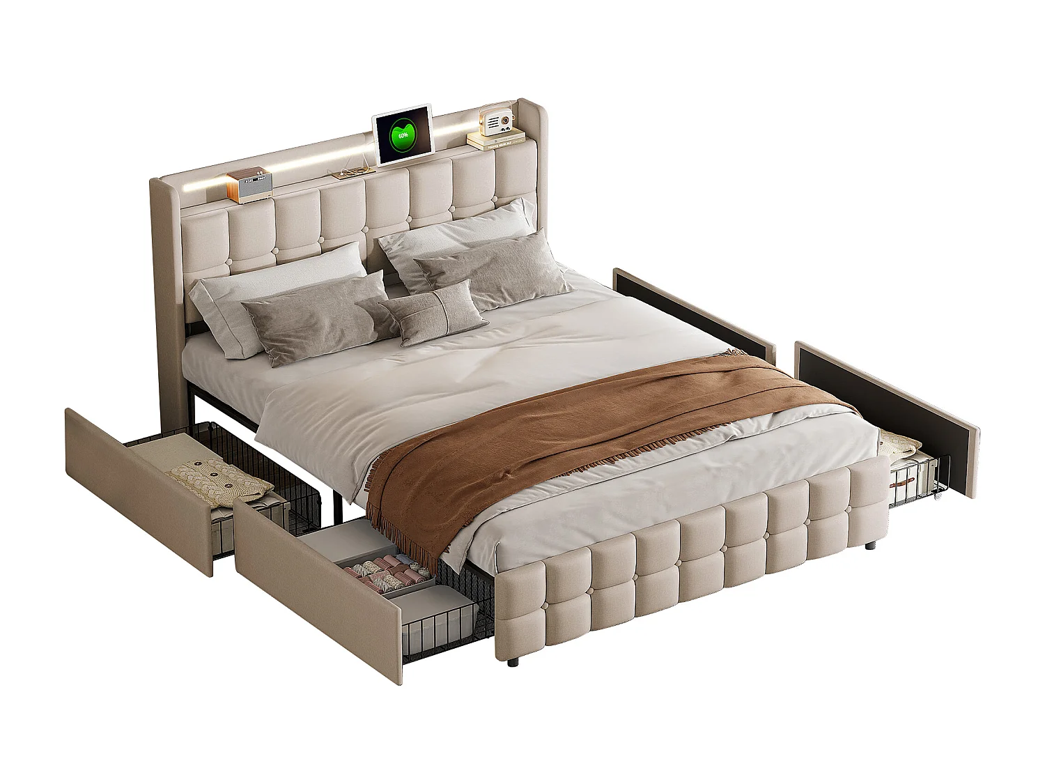 Tweepersoonsbed 160x200 cm met LED, 4 lades, USB-aansluiting, gestoffeerd hoofdbord, beige stof, moderne stijl.