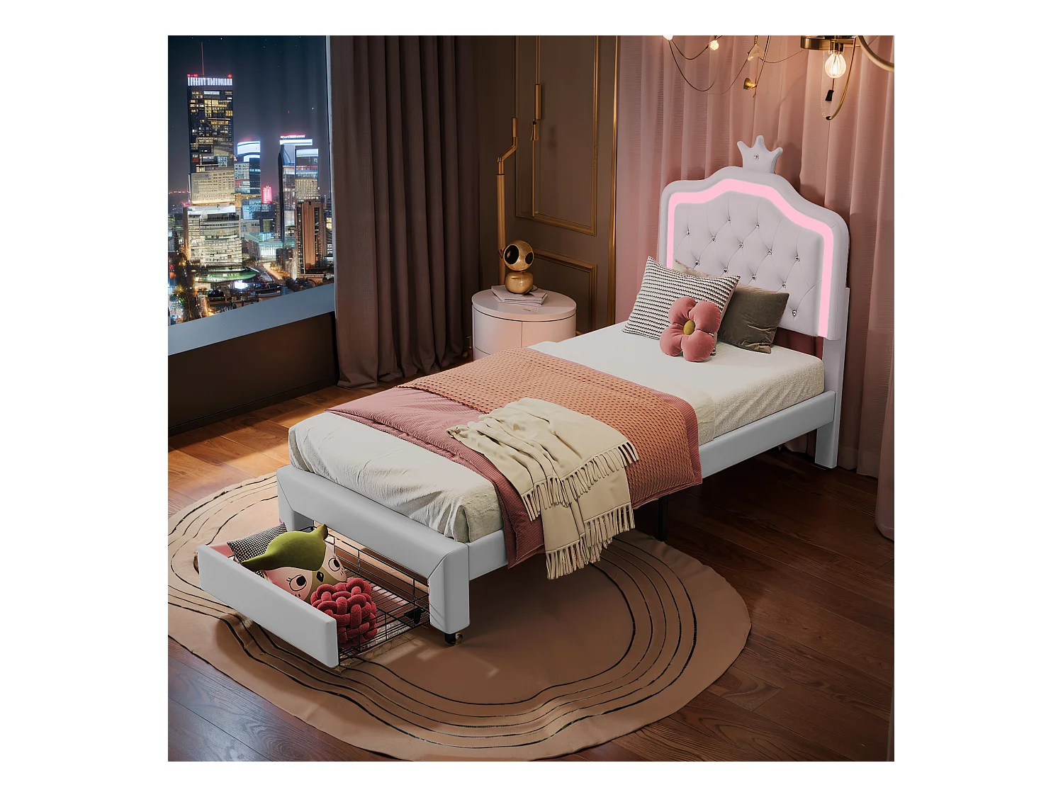 Lit Enfant 90x200 Cm, Simple Avec Sommier à Lattes, Tiroirs, LED, Lit Princesse Avec Couronne,blanc