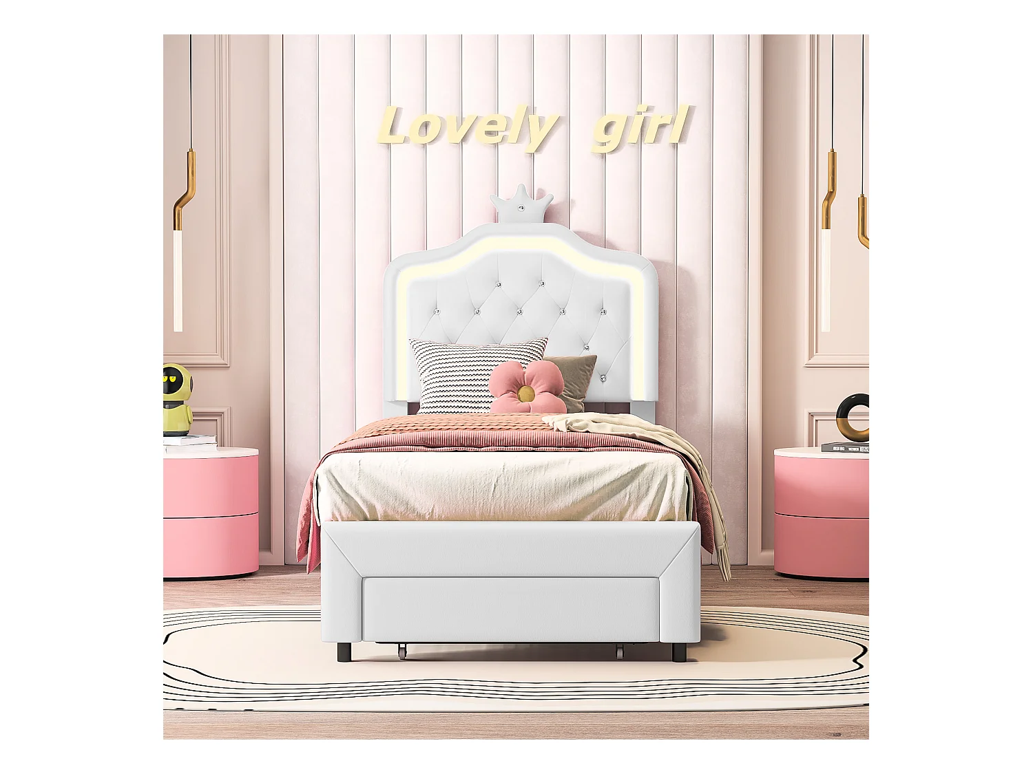 Kinderbett 90x200 cm, Einzelbett mit Lattenrost, Schubladen, LED, Prinzessinnenbett mit Krone, Weiß