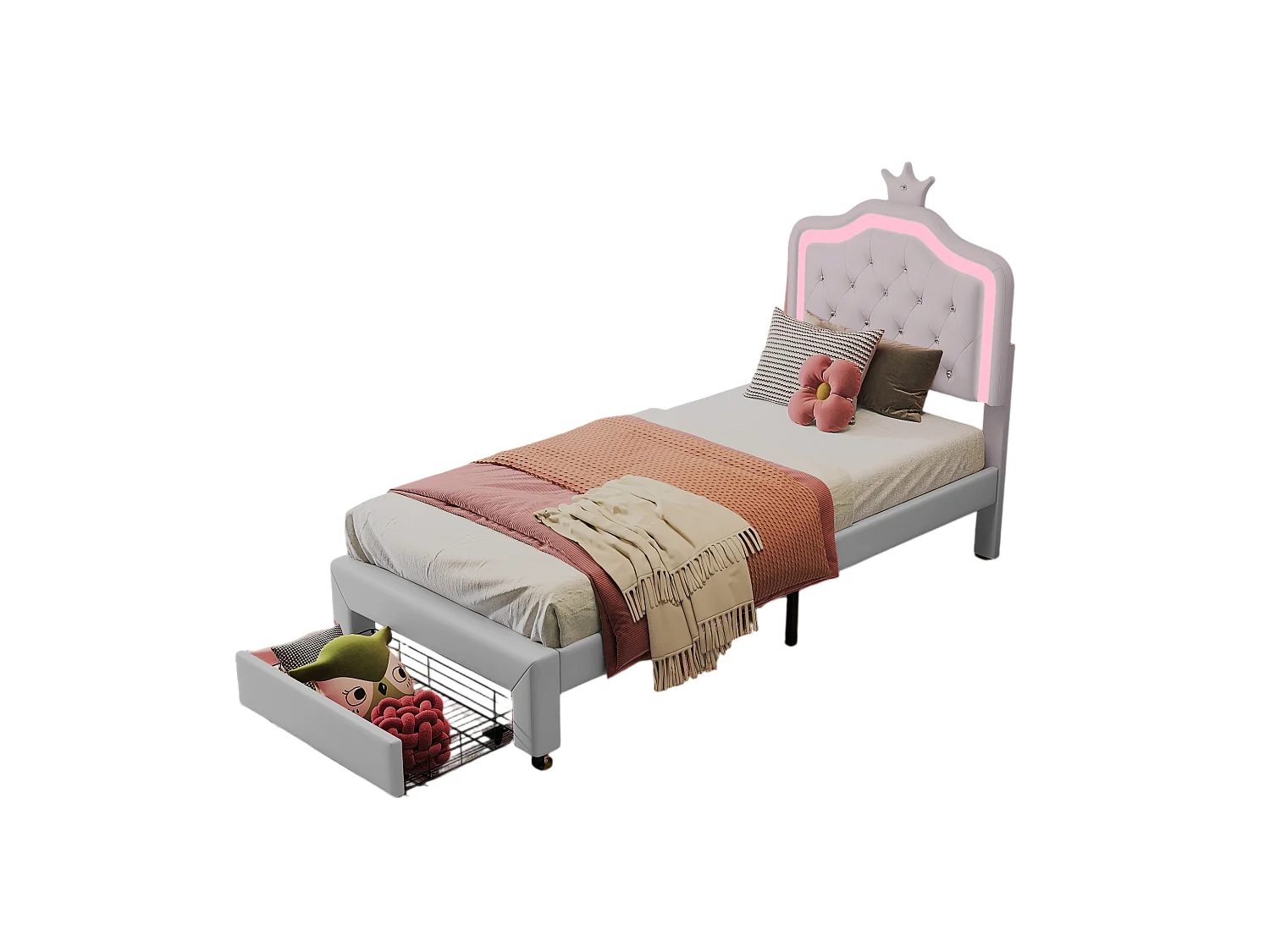 Kinderbett 90x200 cm, Einzelbett mit Lattenrost, Schubladen, LED, Prinzessinnenbett mit Krone, Weiß