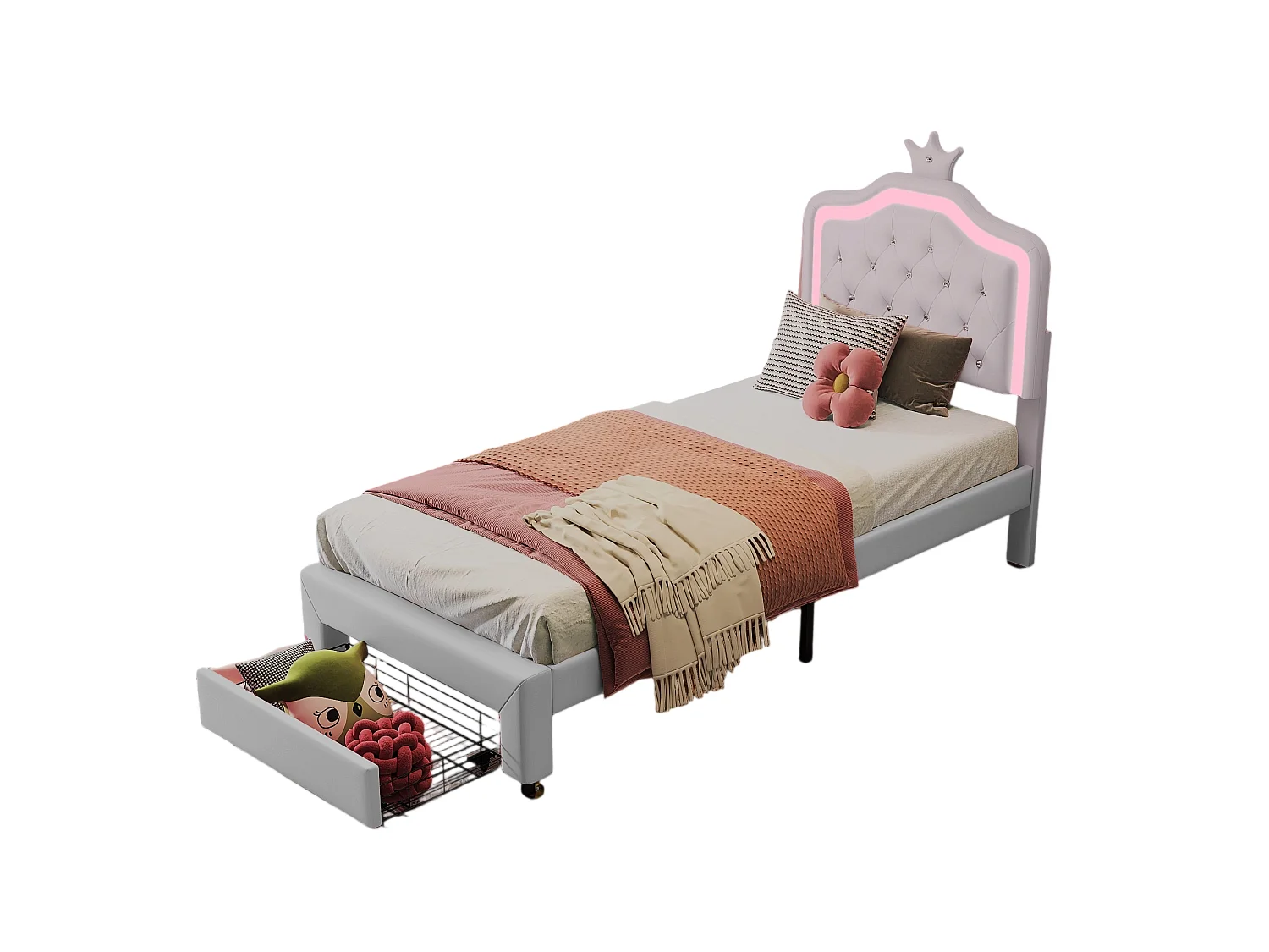 Kinderbed 90x200 cm, eenpersoonsbed met lattenbodem, lades, led-verlichting, prinsessenbed met kroon, wit