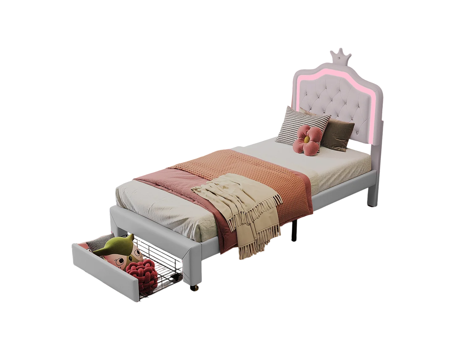 Kinderbed 90x200 cm, eenpersoonsbed met lattenbodem, lades, led-verlichting, prinsessenbed met kroon, wit