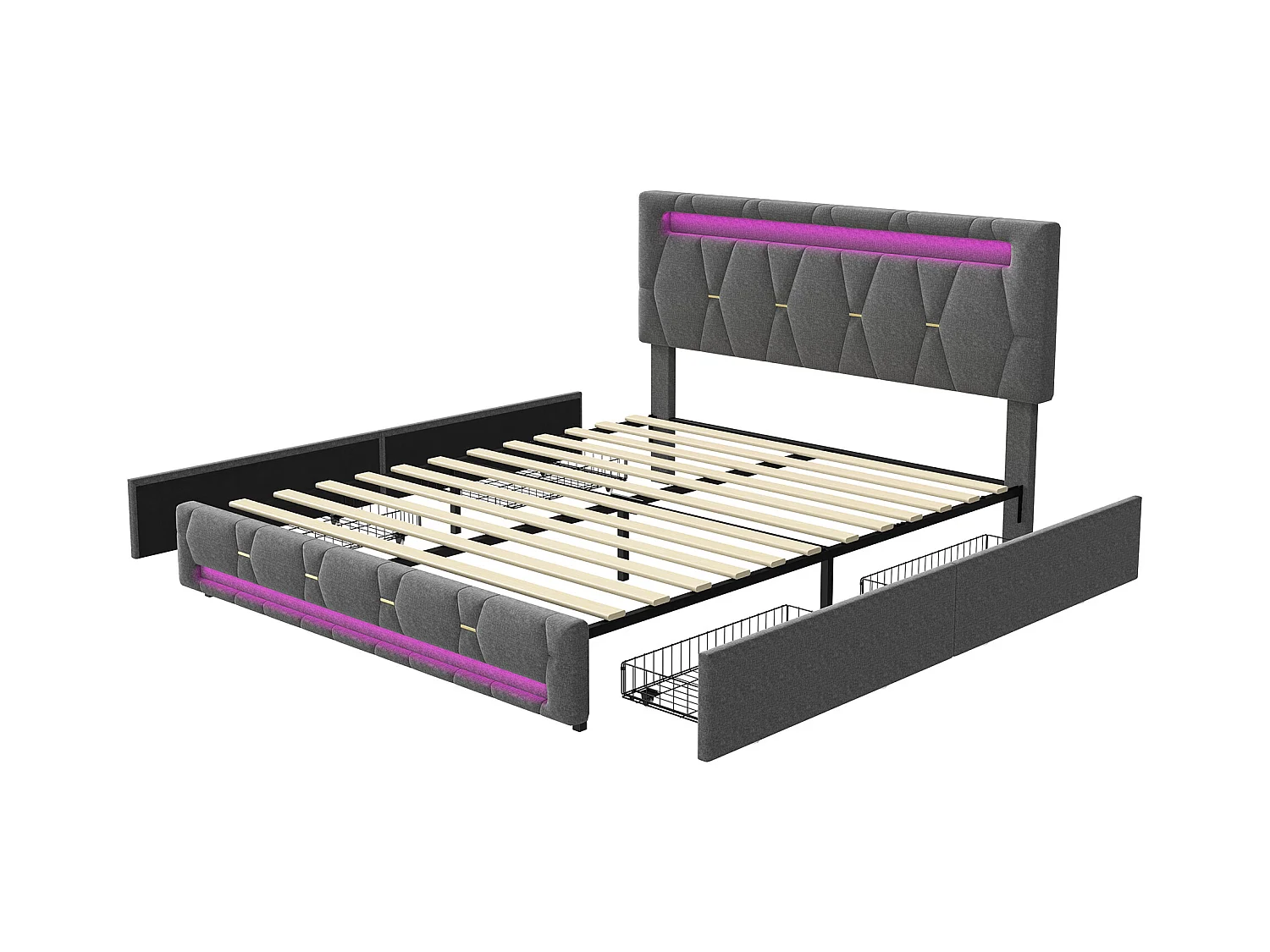 140x200 Bett mit LED und USB-Basis, Polsterbett mit 4 Schubladen und großem Stauraumbett, Grau