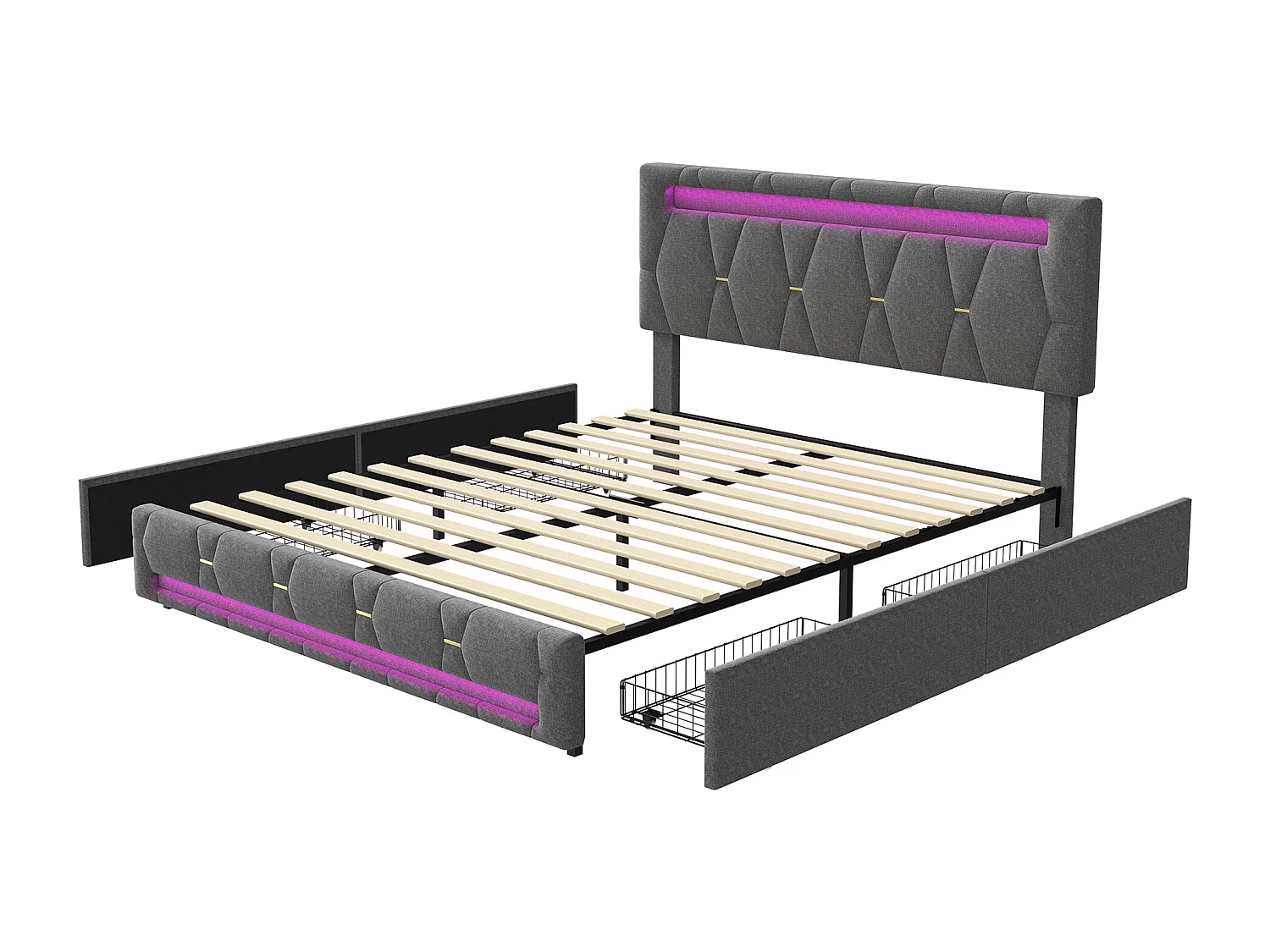 140x200 Bett mit LED und USB-Basis, Polsterbett mit 4 Schubladen und großem Stauraumbett, Grau