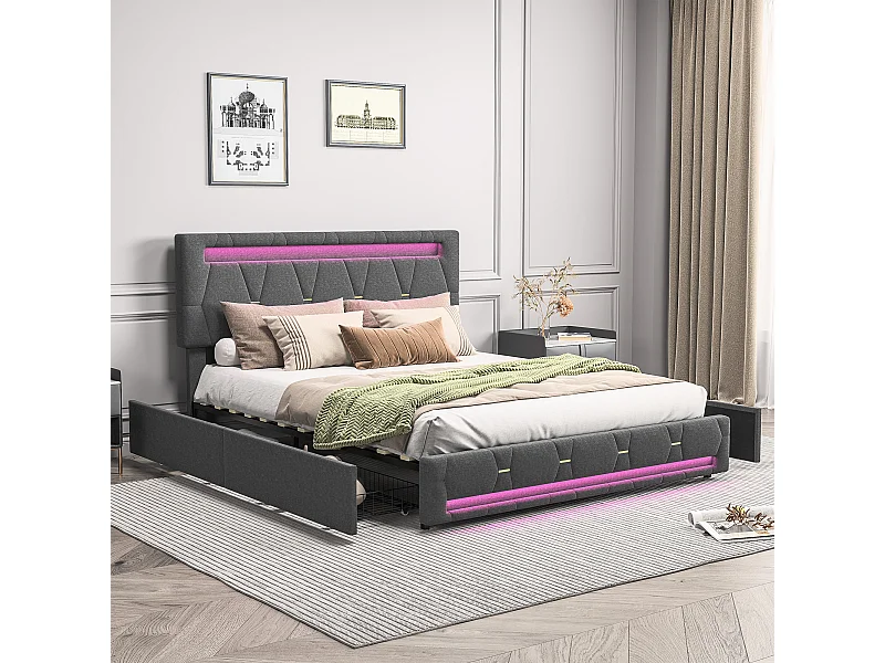 Lit 140x200 Avec Sommier LED Et USB,lit Capitonné Avec 4 Tiroirs Et Grand Rangement Lit,gris