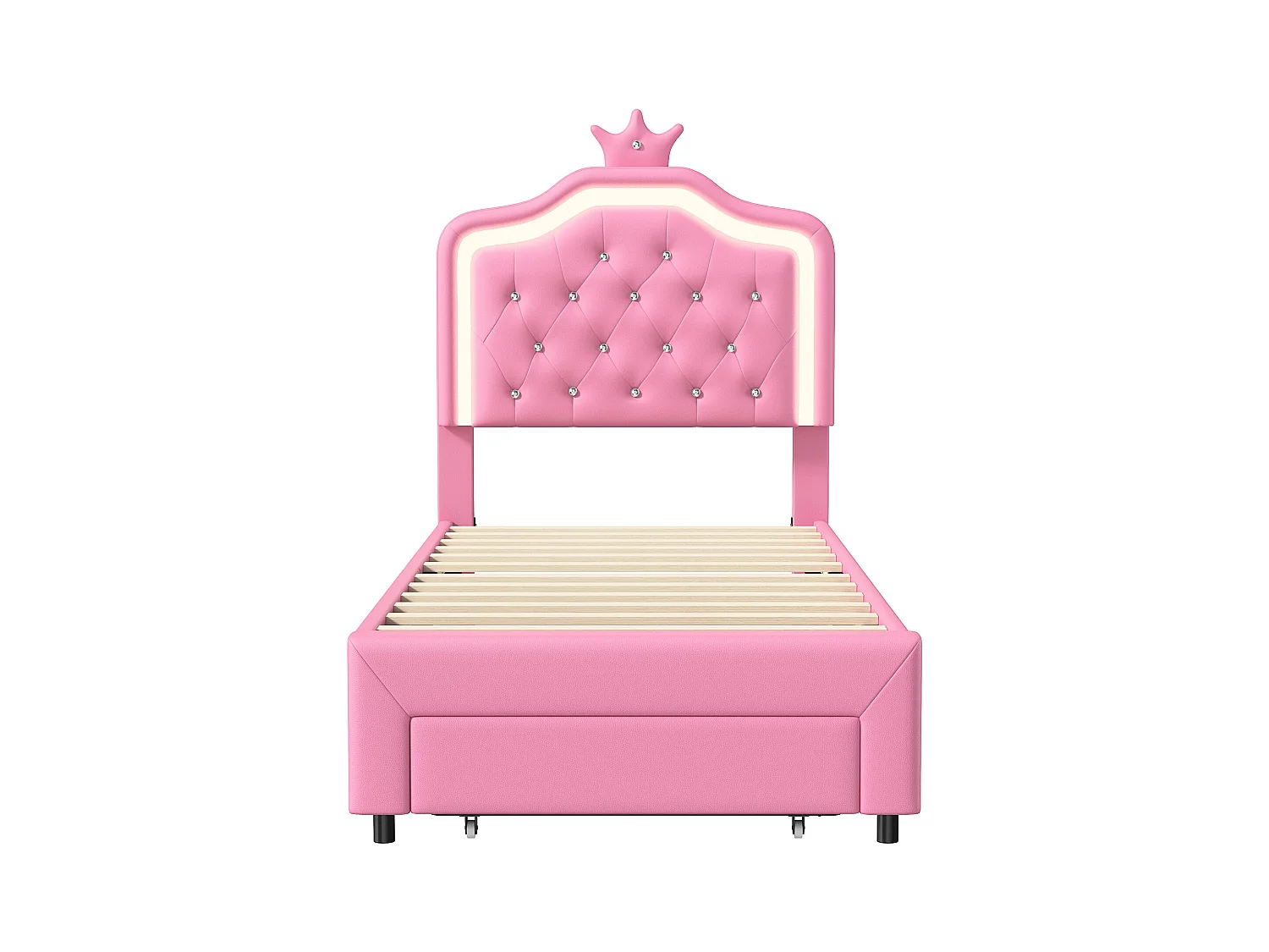 Lit Enfant 90x200 Cm, Simple Avec Sommier à Lattes, 2 Tiroirs, LED, Lit Princesse Avec Couronne,rose