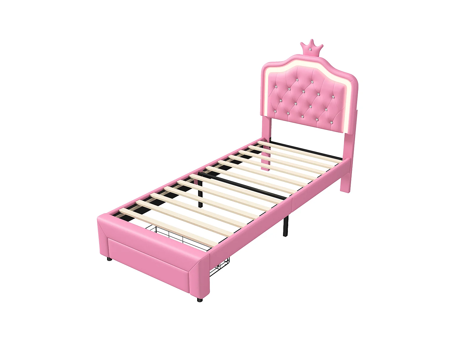 Letto per bambini 90x200 cm, singolo con rete a doghe, 2 cassetti, LED, letto principessa con corona, rosa