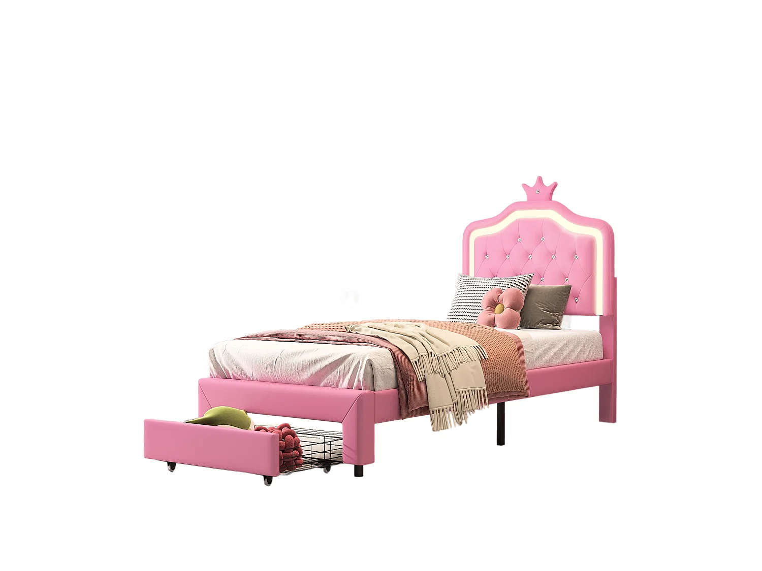 Letto per bambini 90x200 cm, singolo con rete a doghe, 2 cassetti, LED, letto principessa con corona, rosa