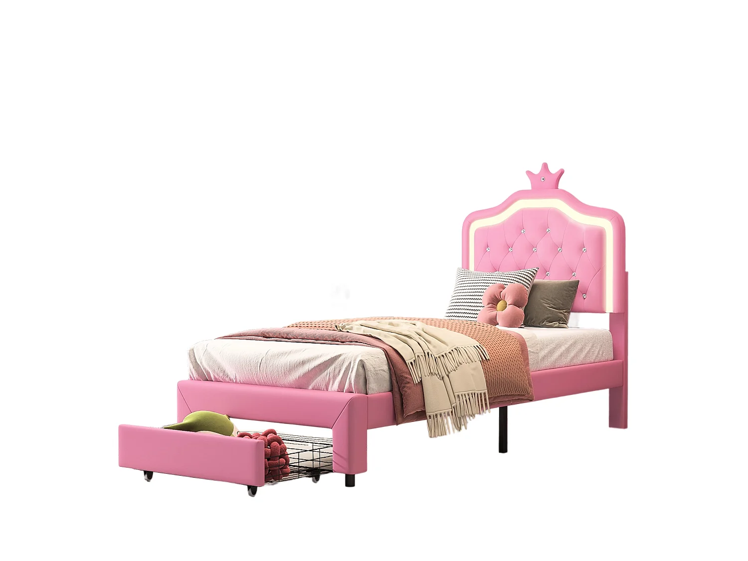 Letto per bambini 90x200 cm, singolo con rete a doghe, 2 cassetti, LED, letto principessa con corona, rosa
