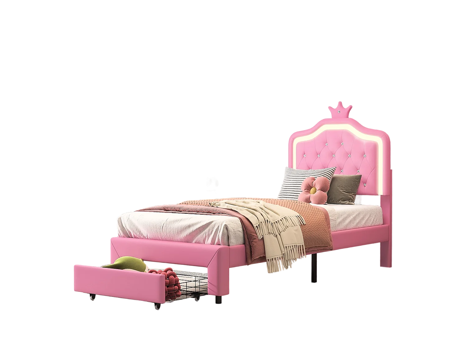 Lit Enfant 90x200 Cm, Simple Avec Sommier à Lattes, 2 Tiroirs, LED, Lit Princesse Avec Couronne,rose