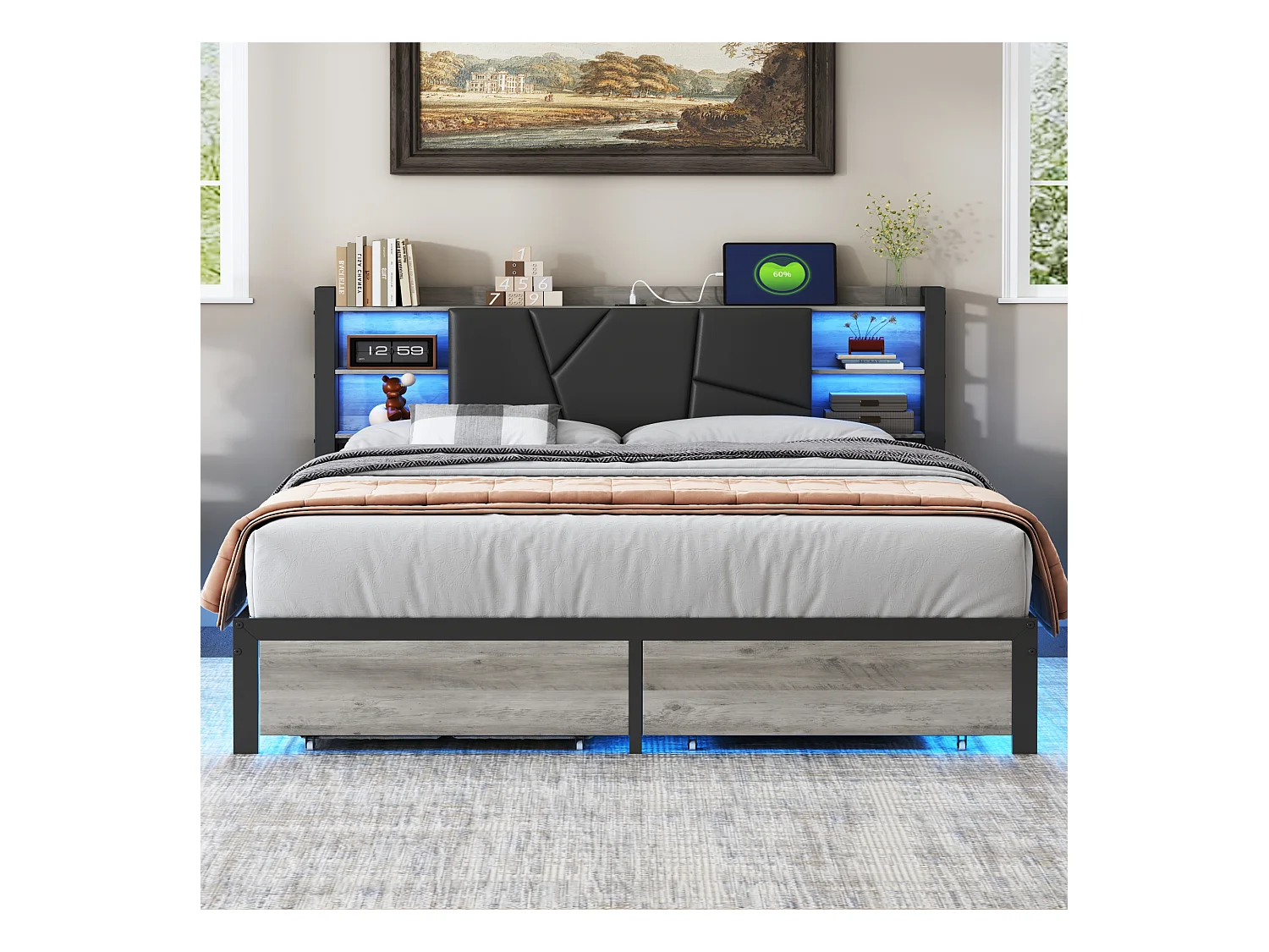 Doppelbett 160x200cm - LED-Metallbett für Erwachsene mit 2 Schubladen, Kopfteil mit Ladeanschluss - Grau