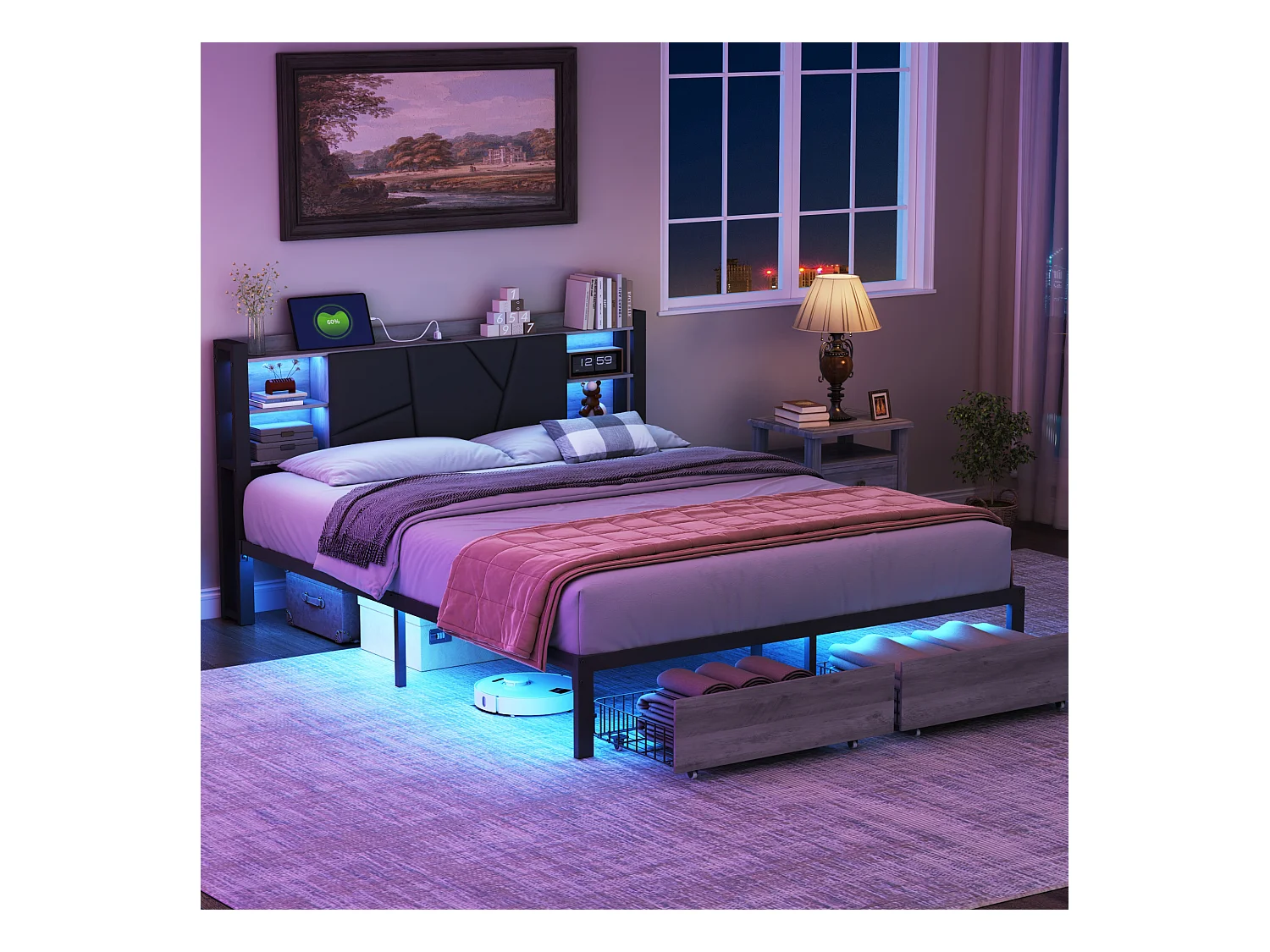 Doppelbett 160x200cm - LED-Metallbett für Erwachsene mit 2 Schubladen, Kopfteil mit Ladeanschluss - Grau