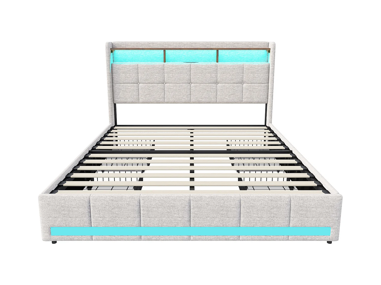 Bedbodem 140x200 LED en 2 USB, Type-C, gestoffeerd tweepersoonsbed met 4 lades, linnen, beige
