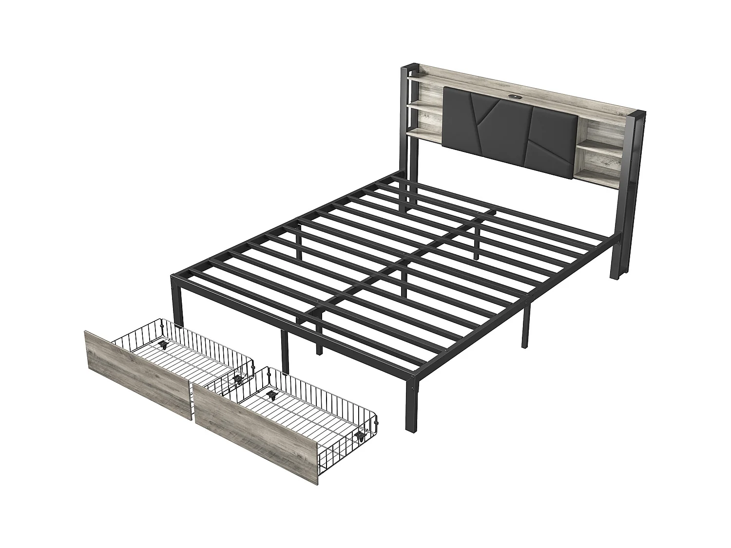 Letto matrimoniale 140x200cm - Letto in metallo LED per adulti con 2 cassetti, testiera con porta di ricarica - Grigio