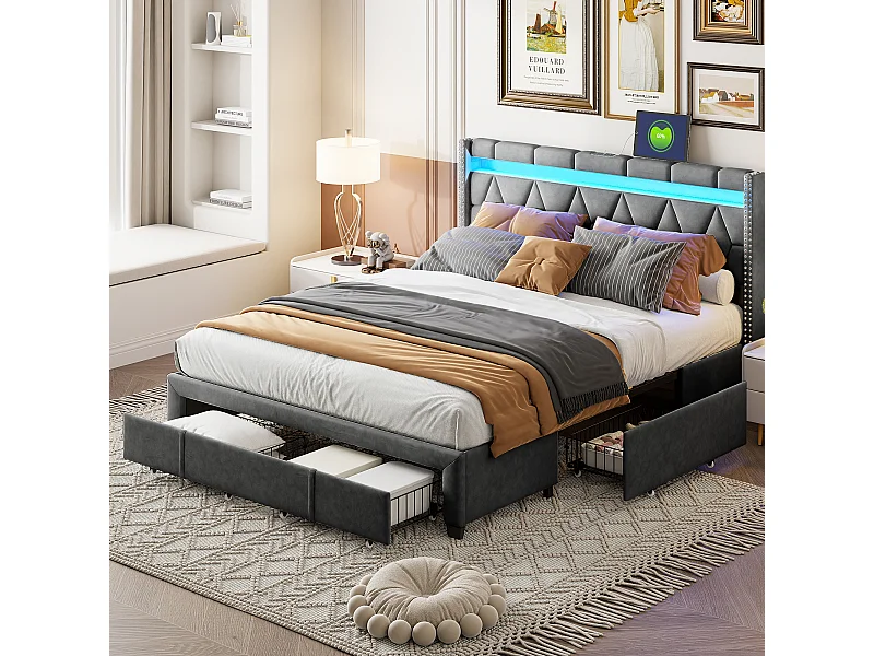 Lit Rembourré Lit Double 140x200cm Avec 4 Tiroirs Et LED, USB, Cadre De Lit, Lin Gris