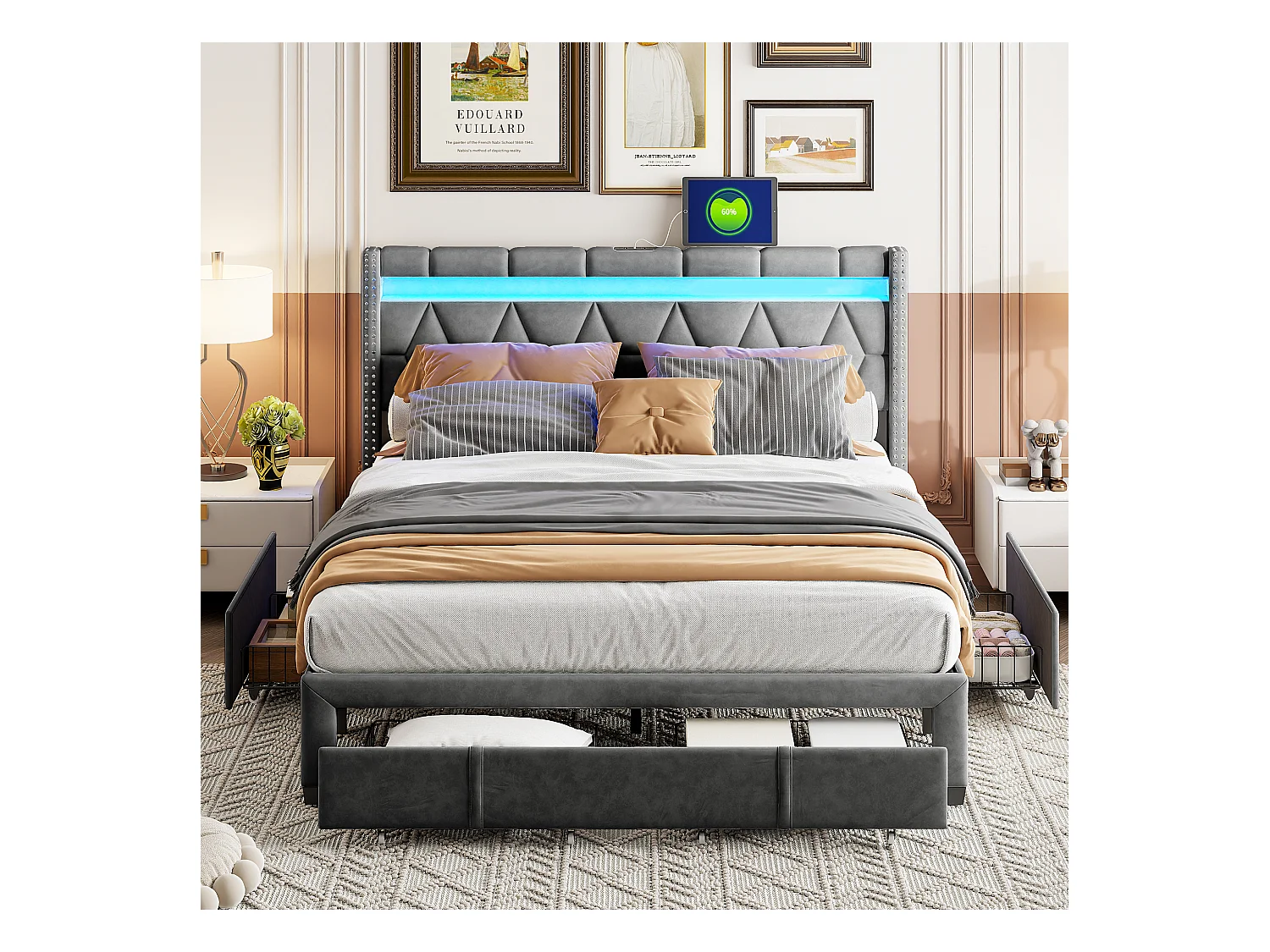 Lit Rembourré Lit Double 140x200cm Avec 4 Tiroirs Et LED, USB, Cadre De Lit, Lin Gris