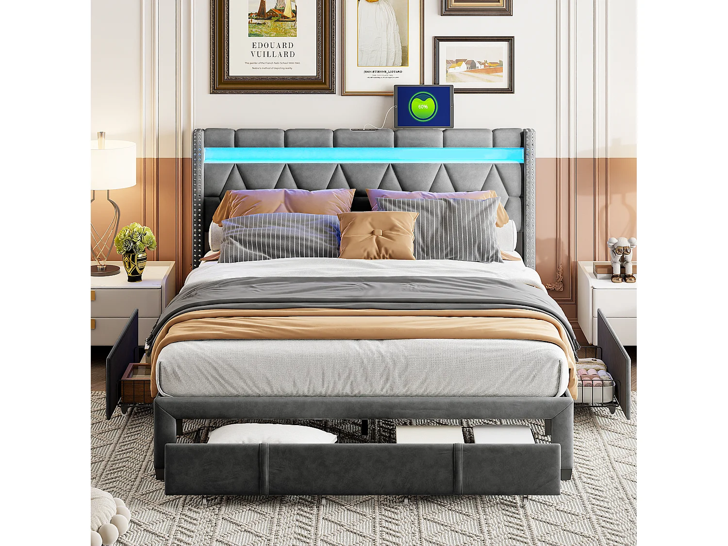 Letto imbottito matrimoniale 140x200cm con 4 cassetti e LED, USB, struttura letto, lino grigio