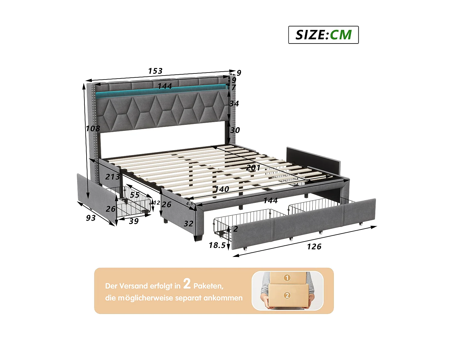 Letto imbottito matrimoniale 140x200cm con 4 cassetti e LED, USB, struttura letto, lino grigio