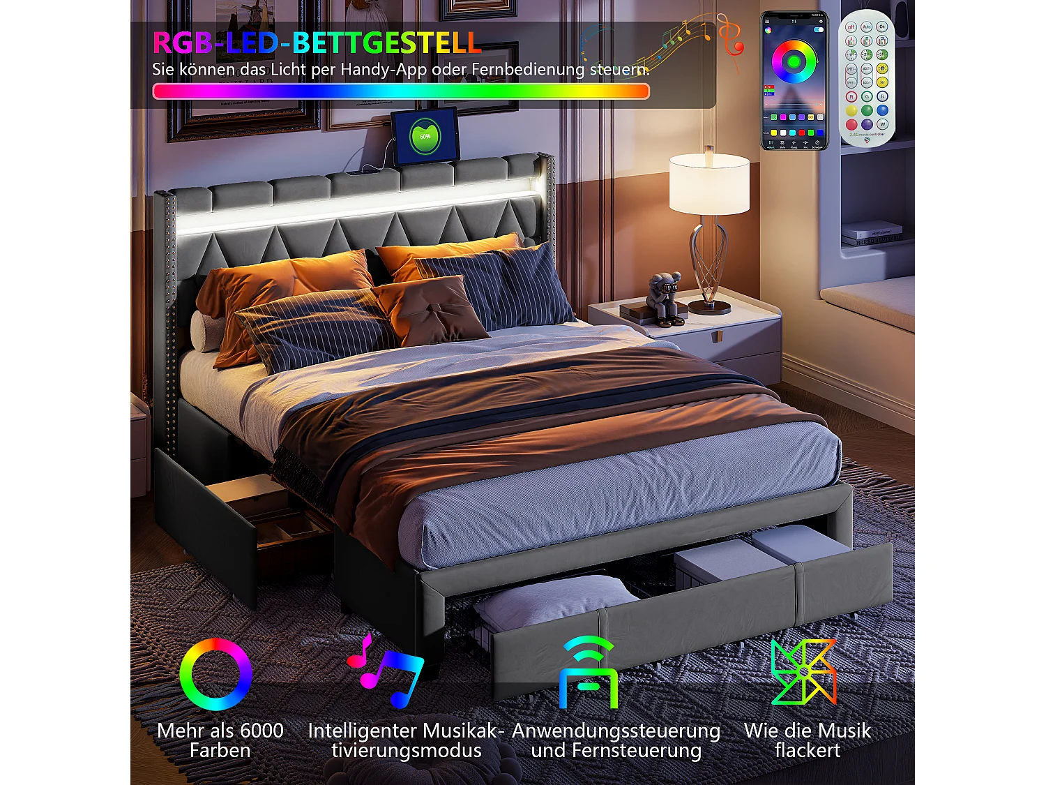 Letto imbottito matrimoniale 140x200cm con 4 cassetti e LED, USB, struttura letto, lino grigio