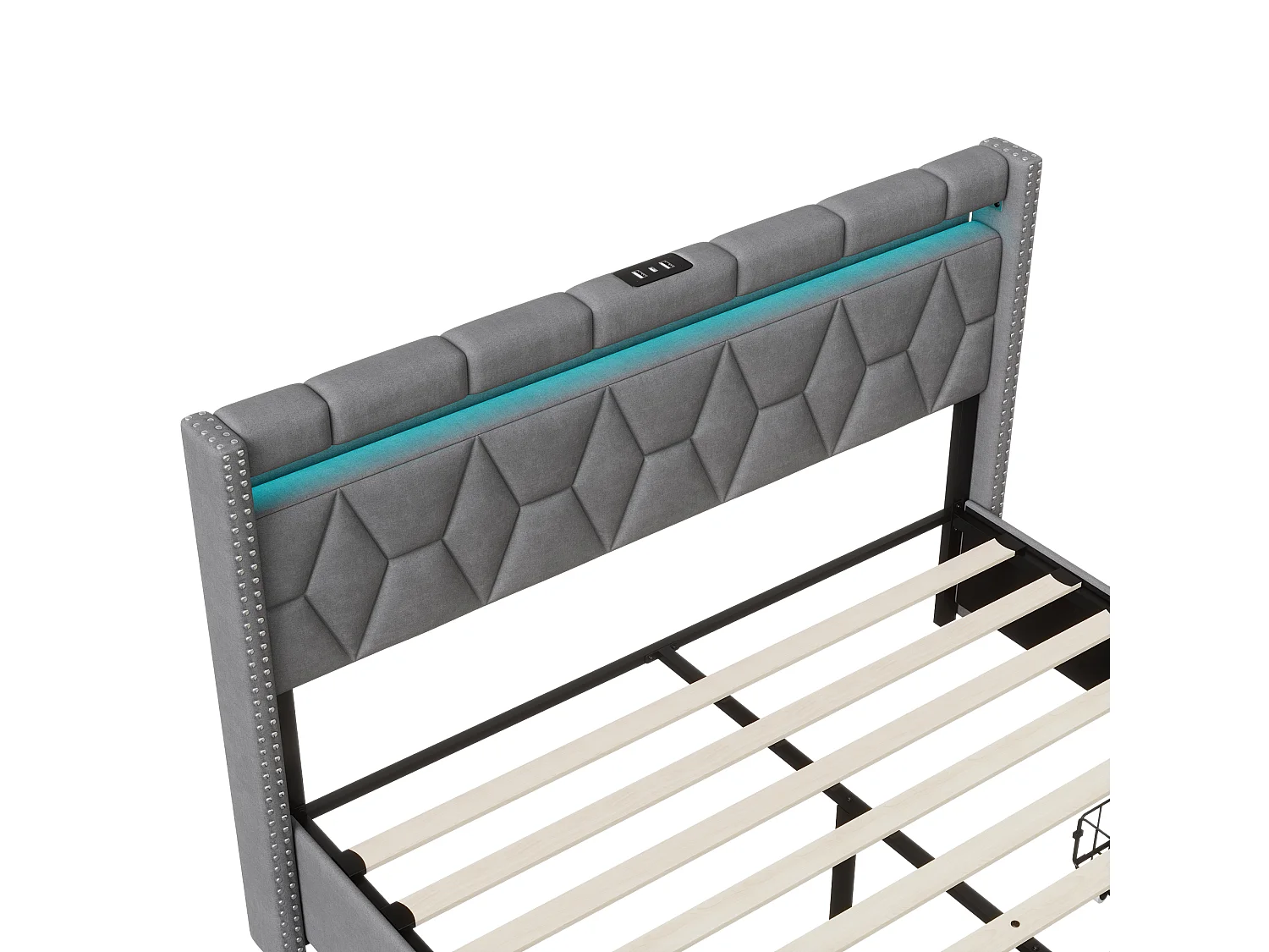 Letto imbottito matrimoniale 140x200cm con 4 cassetti e LED, USB, struttura letto, lino grigio